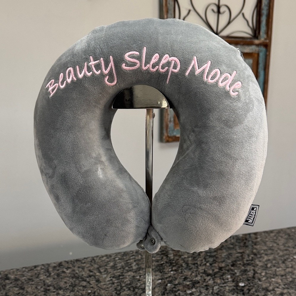 Steve Madden Gray U-Shaped Travel Neck Pillow with Pink Embroidery